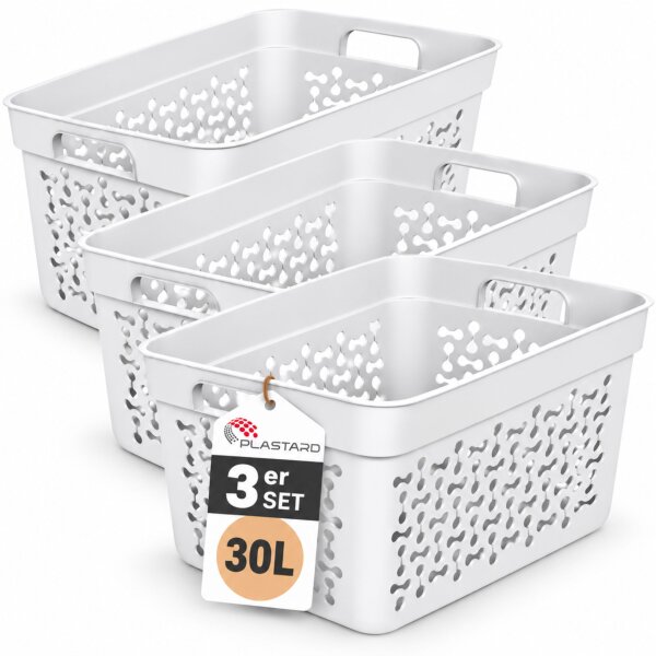 Wäschekorb aus hochwertigem Kunststoff – Stapelbar, ergonomisch & in verschiedenen Größen und Farben | Für Wäsche, Spielzeug, Pfandflaschen und mehr Weiß 3er Set 30L